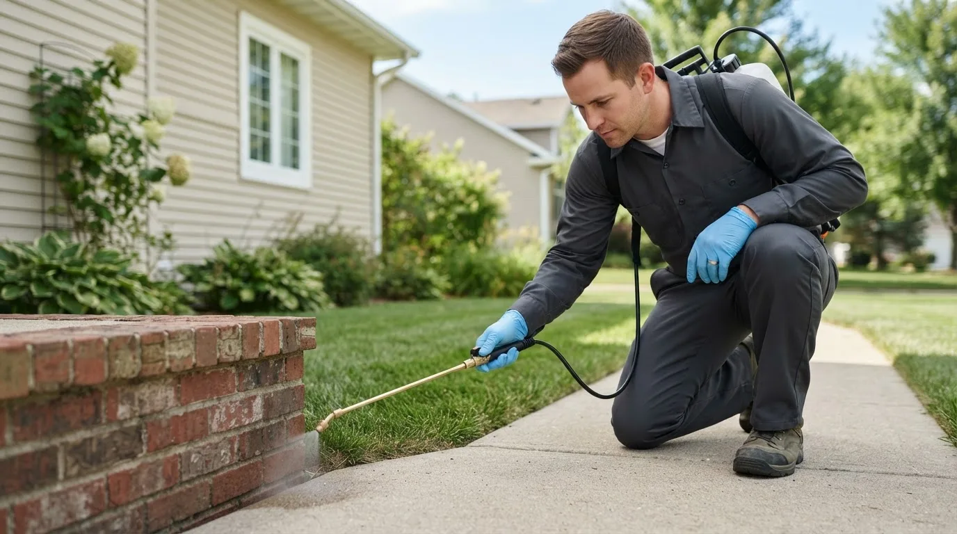 Pest control technician treating a home near Sandy Ridge, PA